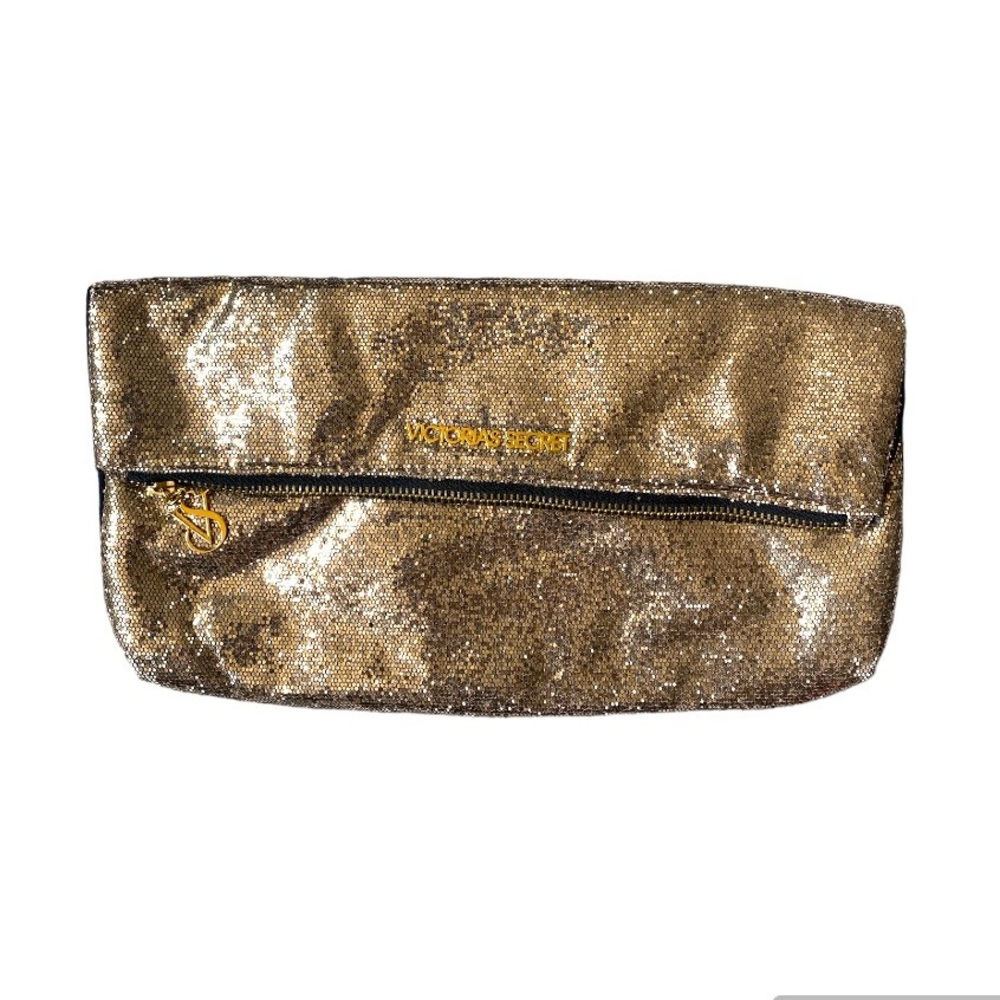 Victoria’s Secret Glitter Gold Sparkly Zip Closure Clutch Purse Bag